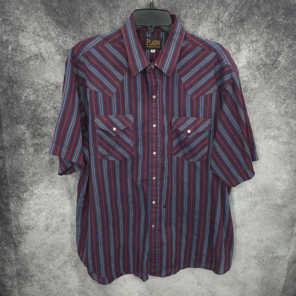 Plains Western Shirt Mens XL Red Blue Stripe Pearl Snap Cowboy Rodeo Rancher